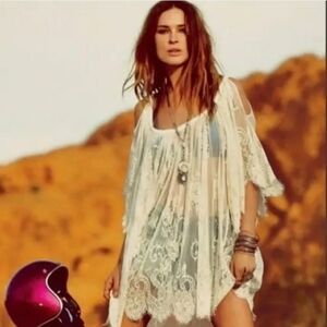 Jen's Pirate Booty Free People Open Road baby Blue Lace Tunic Mini  Dress, Sz XS